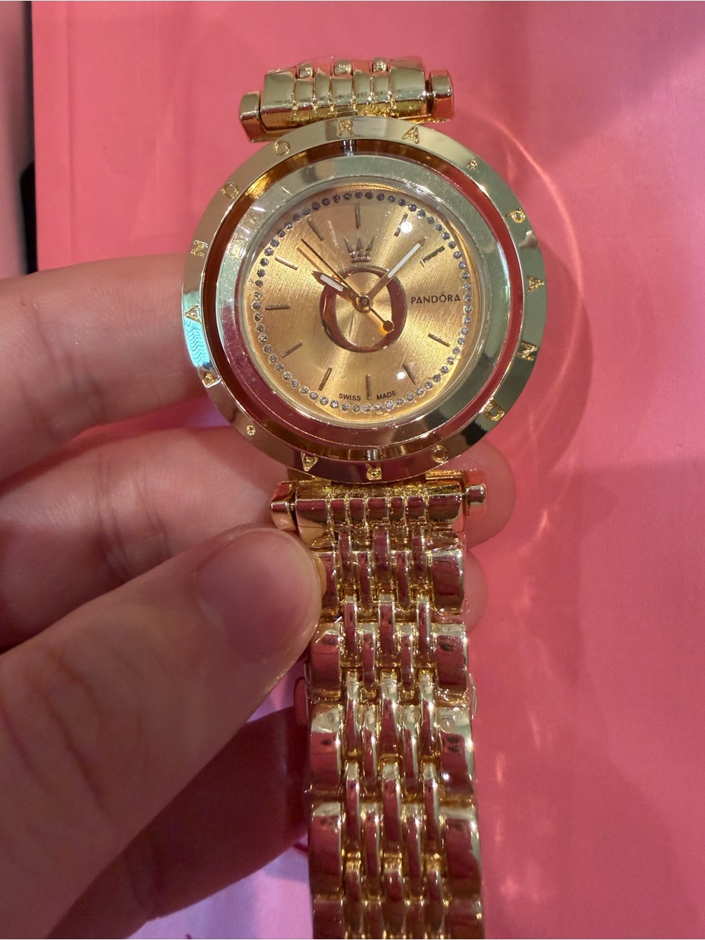 Pandora Gold Women's Bracelet Watch with Pink Backdrop